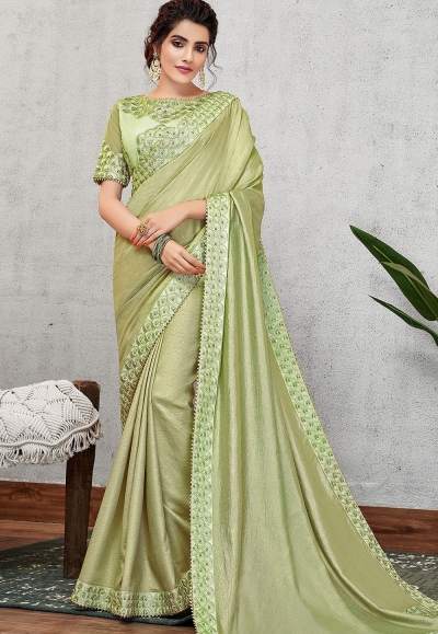 pista green satin silk embroidered saree 11404