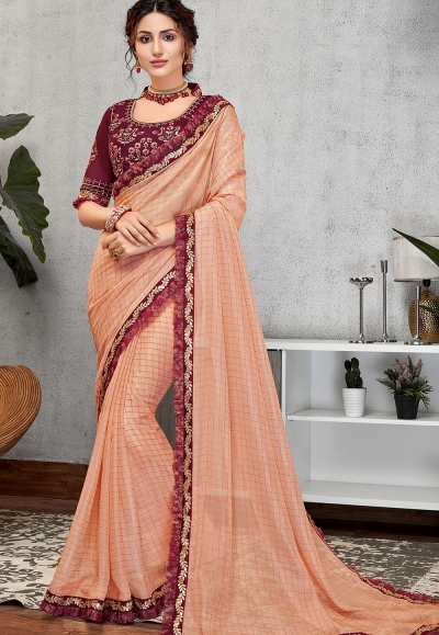 traditional peach silk georgette embroidered saree 11410