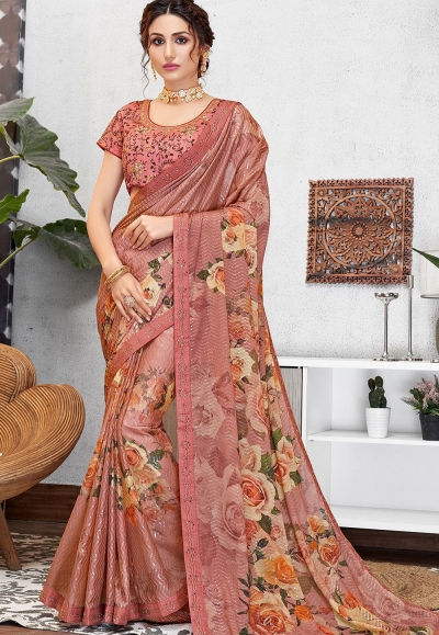 traditional pink silk georgette printed embroidered saree 11413
