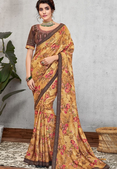 mustard silk georgette printed embroidered saree 11415