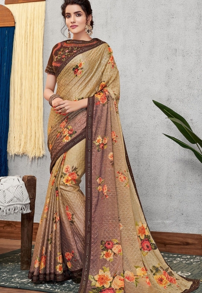 evening brown silk georgette printed embroidered saree 11416