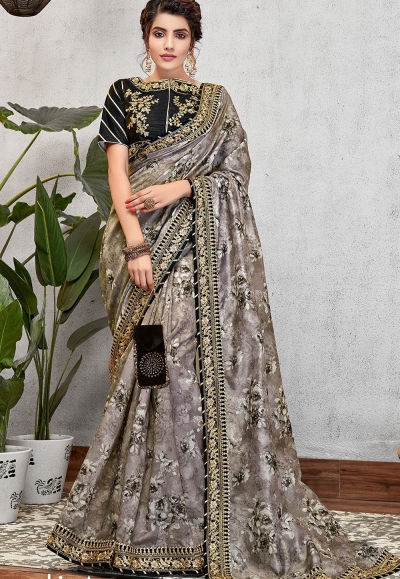 grey silk digital printed embroidered saree 11417