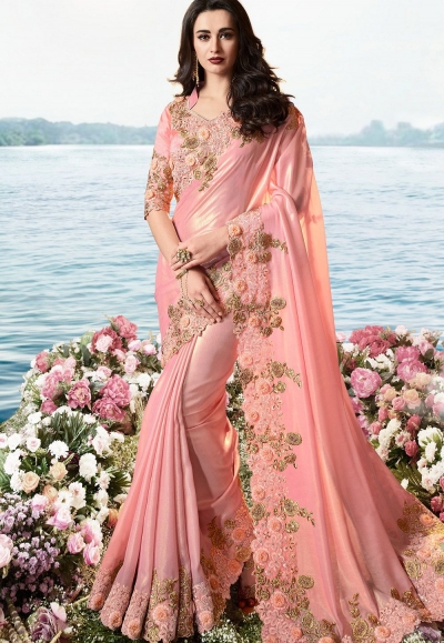 pink satin silk heavy embroidered saree 6201