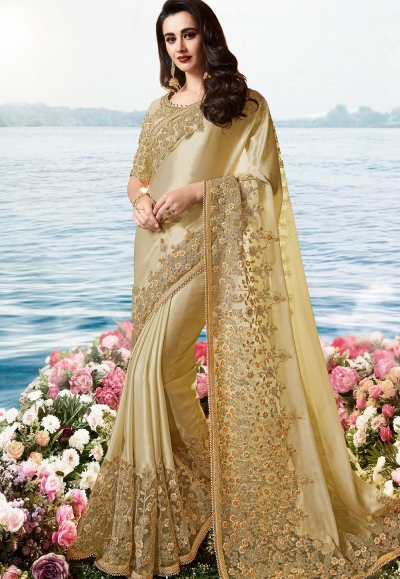 beige satin silk heavy embroidered saree 6203