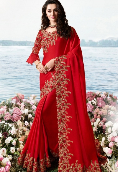 red satin silk heavy embroidered saree 6204