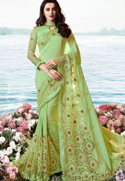 green art silk heavy embroidered saree 6214