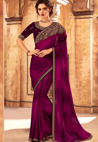 purple art silk embroidered party wear saree 24009