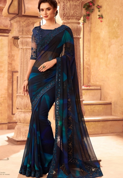 blue georgette bordered party wear saree 24010