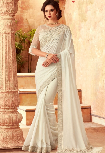 white art silk embroidered bordered saree 24012
