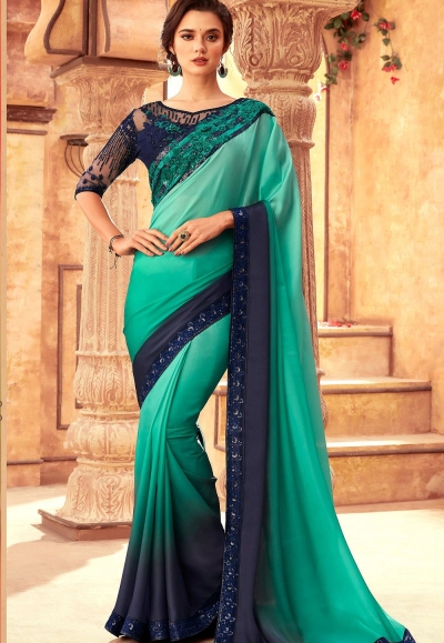 sea blue art silk bordered saree 24016