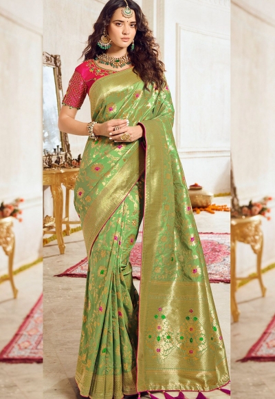 green pink art silk traditional saree 10040