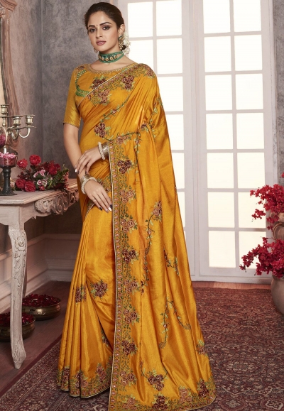 golden art silk embroidered party wear saree 2164