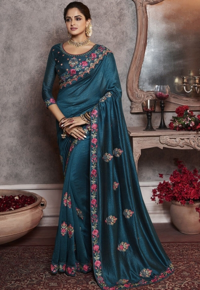 dark blue art silk embroidered party wear saree 2166
