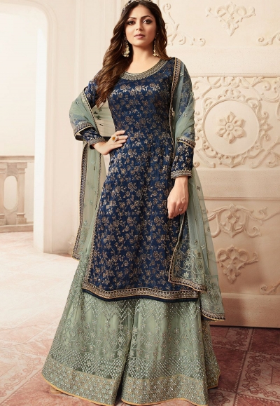 drashti dhami blue grey jacquard embroidered sharara suit 5401