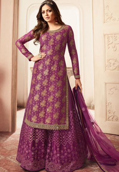 drashti dhami purple jacquard embroidered sharara suit 5403