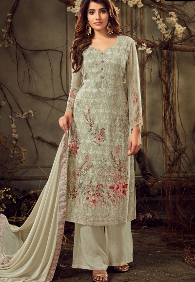light green georgette straight palazzo suit 7187