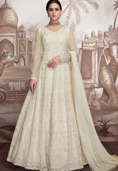 white georgette net embroidered anarkali suit 2004