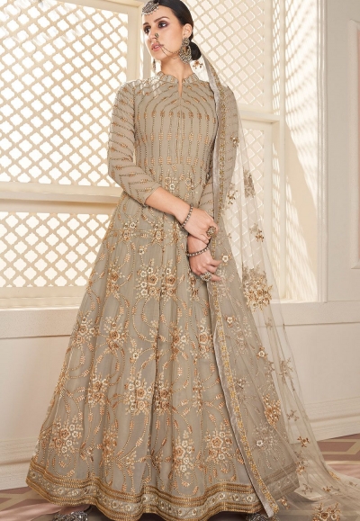 Beige Colored Partywear Embroidered Georgette Satin Anarkali Suit With –  fashionnaari