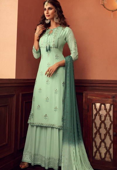 green shade georgette embroidered palazzo suit 34005