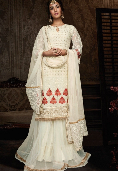 sonal chauhan white georgette embroidered pakistani suit 8604
