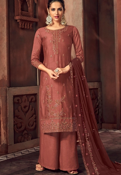 brown art silk embroidered straight palazzo suit 3103