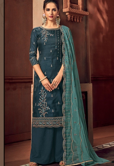 navy blue art silk embroidered straight palazzo suit 3105