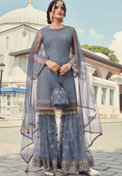 dark grey net embroidered sharara suit 79003