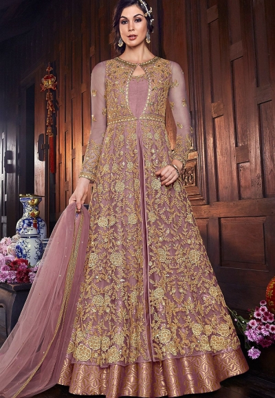 mauve net silk embroidered floor length anarkali suit 6107c