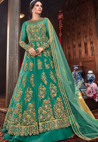 blue net embroidered lehenga style anarkali suit 6103d