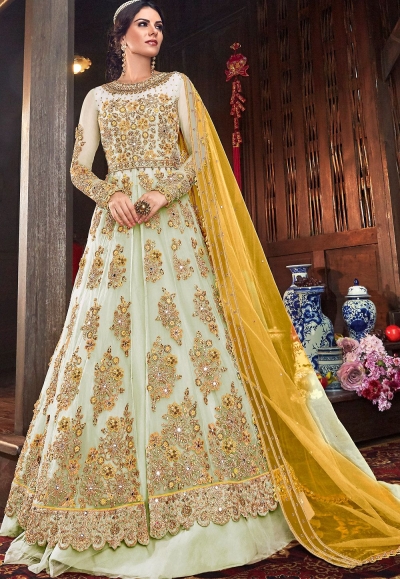 light grey net embroidered lehenga style anarkali suit 6103b