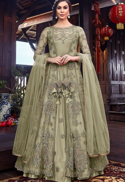 pastel green net embroidered floor length jacket style anarkali suit 6102b