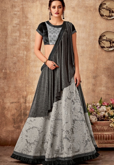 grey black jacquard embroidered lehenga choli 5728