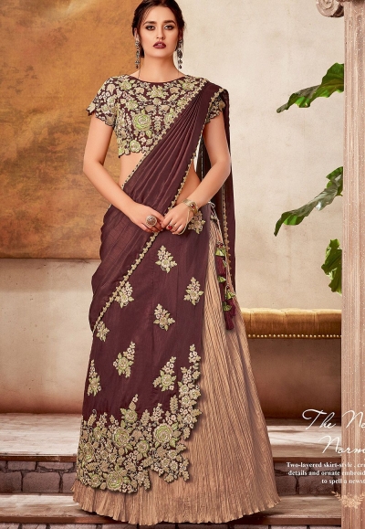 beige brown silk embroidered lehenga choli 5730