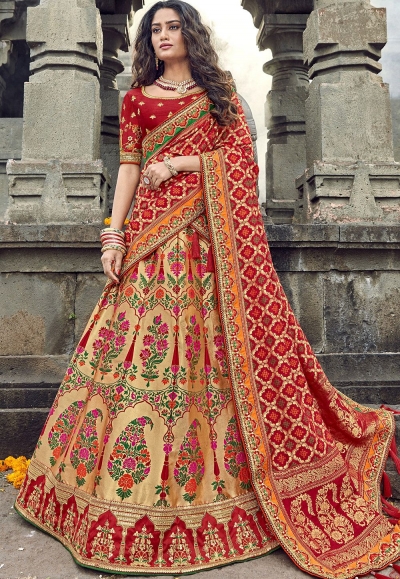 beige maroon banarasi silk traditional lehenga choli 3701