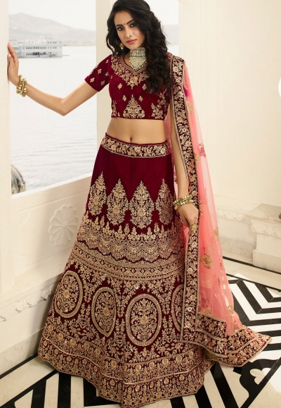 dark maroon silk embroidered bridal lehenga choli 941