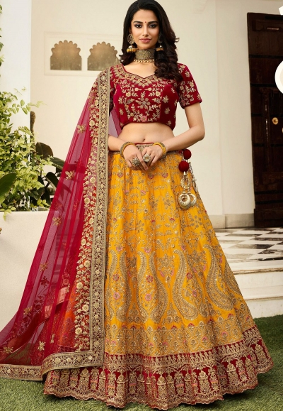 yellow maroon silk embroidered lehenga choli 942