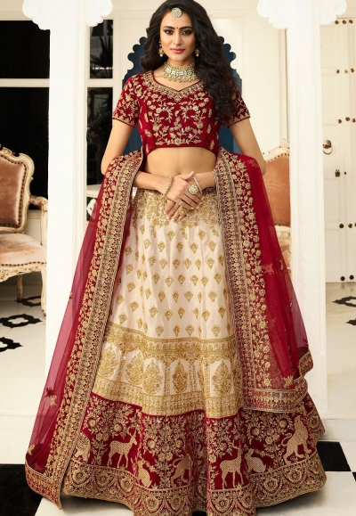 off white maroon silk embroidered lehenga choli 943