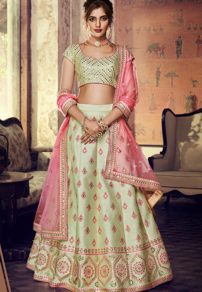 pista green silk embroidered lehenga choli 4156