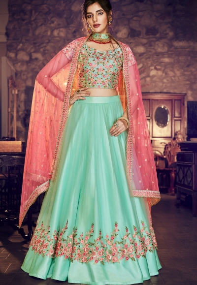 firoji blue satin net embroidered lehenga choli 4158