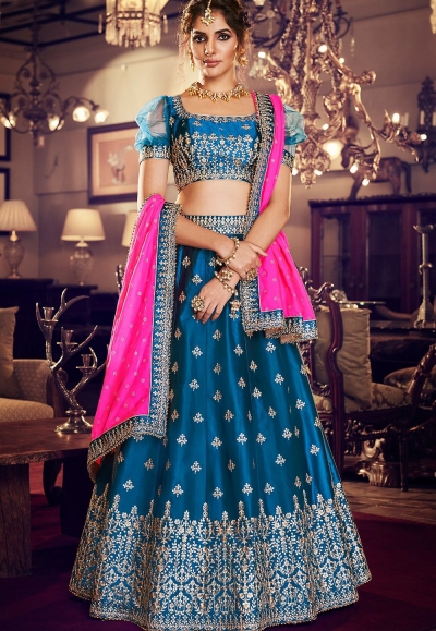 dark blue satin silk embroidered lehenga choli 4159