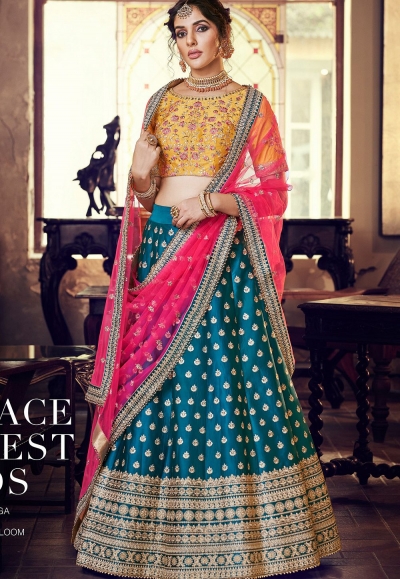 multi color satin silk embroidered lehenga choli 4166