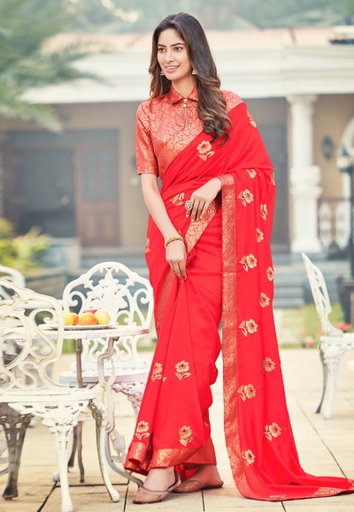 Red silk festival wear saree 94257