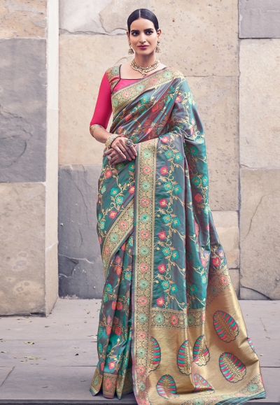 Teal green banarasi silk festival wear saree 202