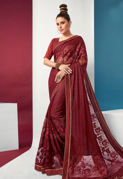 Maroon lycra saree with blouse 94595