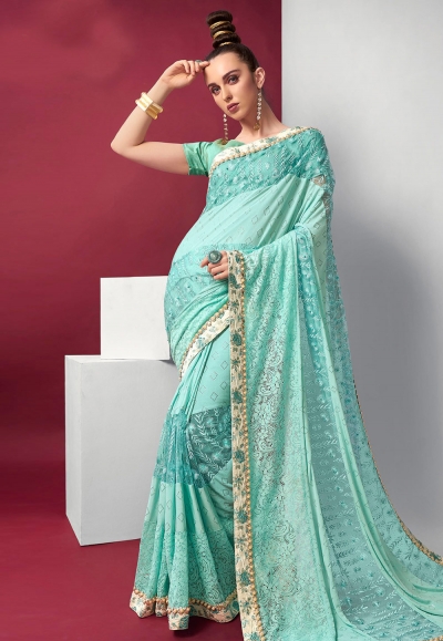 Sea green lycra festival wear saree 94596