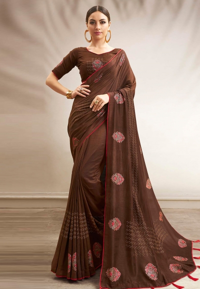 Brown chanderi silk saree with blouse 94798