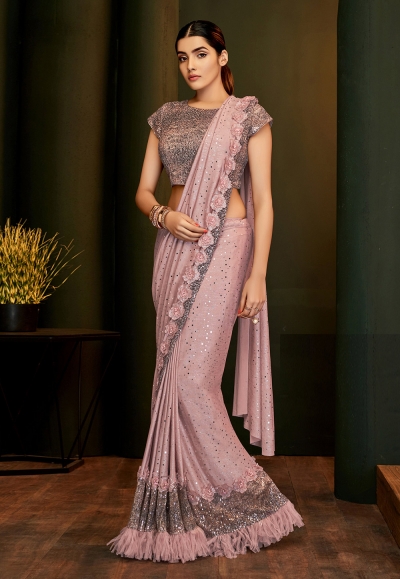 Pink lycra frilled party wear saree 5805
