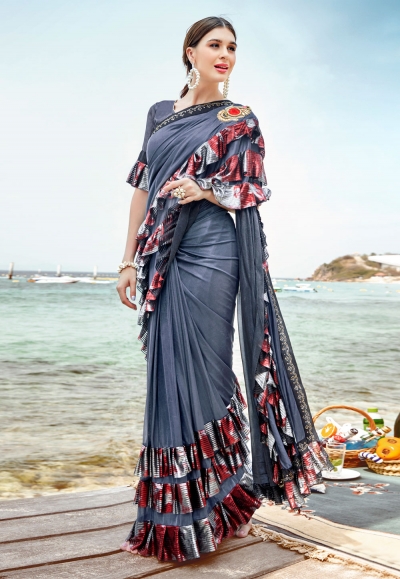 Grey lycra ruffle border saree with blouse 8862