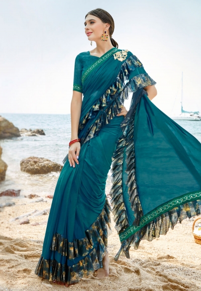 Blue lycra ruffle border saree with blouse 8860