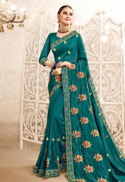 Teal silk festival wear saree 2825